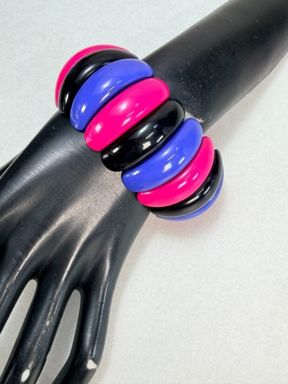 Vintage Neon Lucite Stretch Bracelet Pink Purple Black Chunky Mod Statement